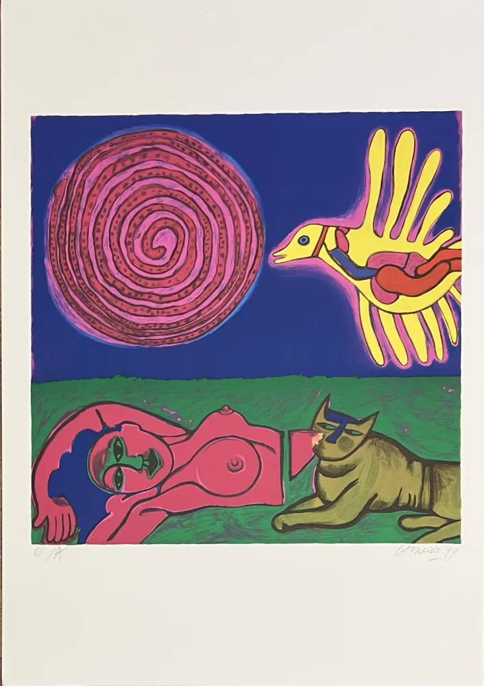 Zeefdruk Corneille - Sérigraphie Femme, Chat et oiseau, 1994