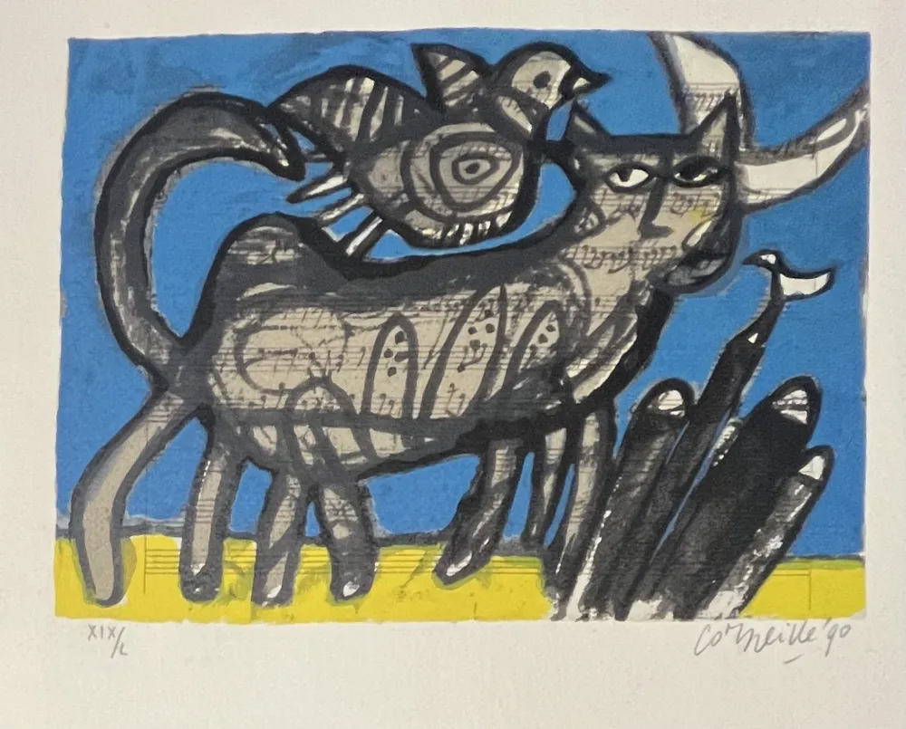 Zeefdruk Corneille - Sérigraphie signée, Chat sur partition de musique , 1990