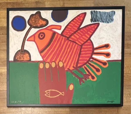 Zeefdruk Corneille - Sérigraphie sur toile signée Oiseau Libre Cobra - Encadrée