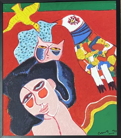 Multiple Corneille - Terragraphie signée sur toile Femme Chat Oiseau