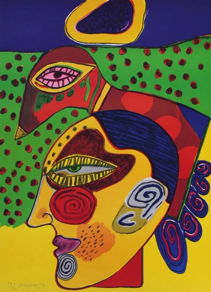 Lithografie Corneille - Tête de femme et oiseau pensif