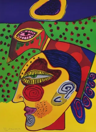 Lithografie Corneille - Tête de femme et oiseau pensif