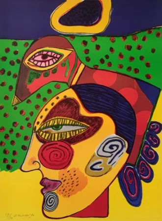 Lithografie Corneille - Tête de femme et oiseau pensif