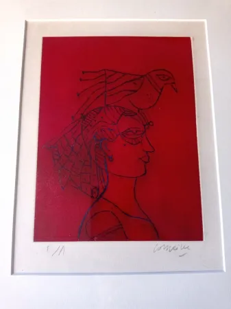 Ets En Aquatint Corneille - Woman with Bird, Hand-signed Etching in color