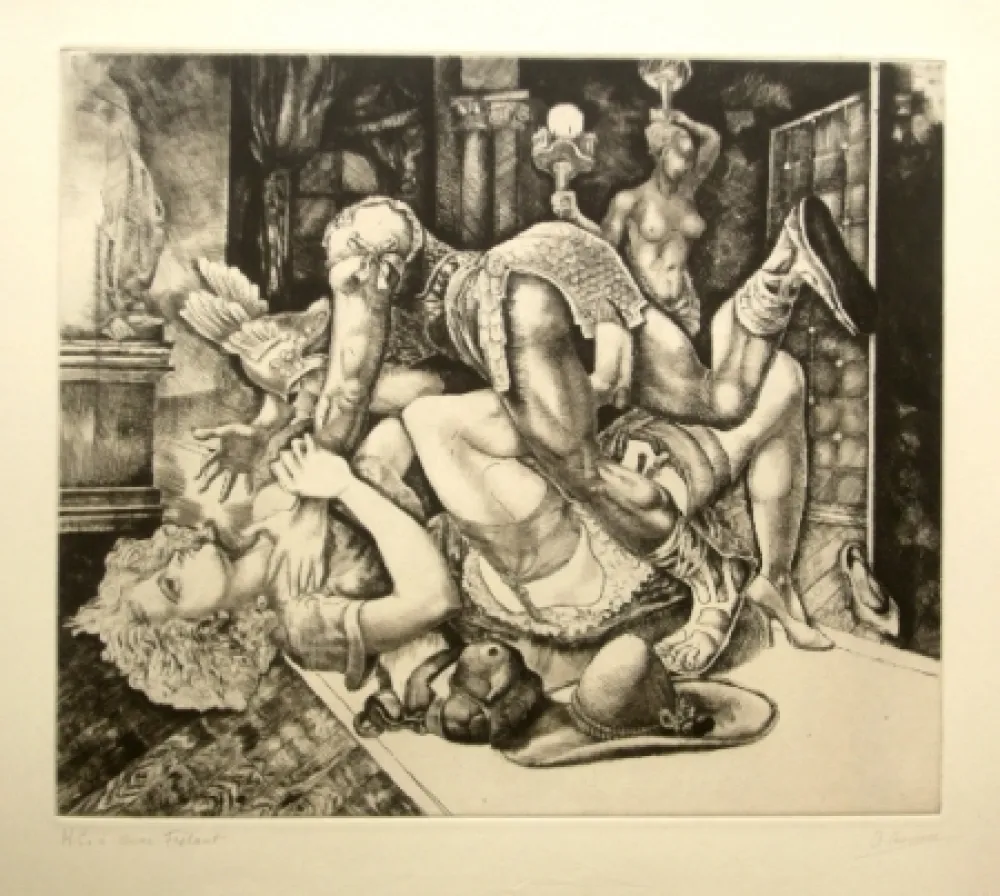 Ets Courmes - Dame journaliste bousculée par un personnage comique