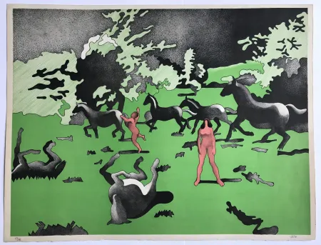 Lithografie Cueco - Sans titre (chevaux et bergers)