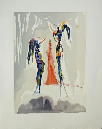 Houtsnede Dali - Divine Comédie, Paradis 27, Dante et deux anges (Gloria Patri)
