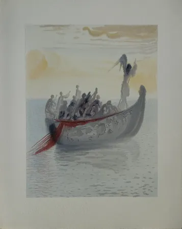 Houtsnede Dali - Divine Comédie, Purgatoire 2, La barque du nocher