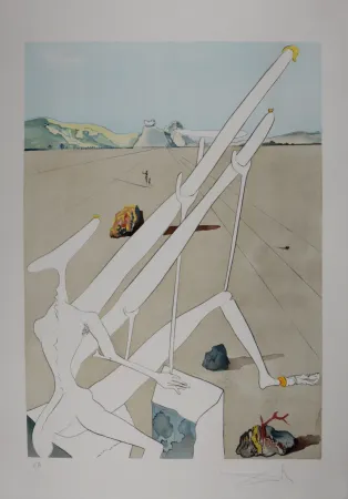 Gravure Dali - La Conquête du Cosmos : Dali martien muni d'un double microscope holo-électronique - Hand-signed