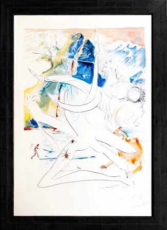 Lithografie Dali - L'unicorne laser désintégre les cornes de rhinoceros cosmique (from 'La Conquête du Cosmos')
