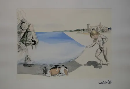 Ets Dali - Moi-meme à l'age de six ans, soulevant avec une extreme précaution la peau de la mer pour observer un chien dormant à l'ombre de l'eau