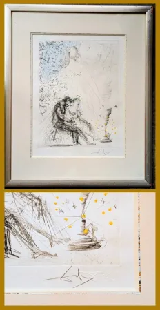 Geen Techniek Dali - Rare Hand-Signed mixed media(gouache, etching)-Couple with a candle (Couple a la bougie) - Original Gouache on Hand-Signed Etching ( Field 68-2 D; Michler/Löpsinger 251), 1968