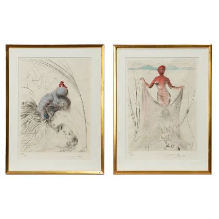 Droge Naald Dali - Salvador Dalí (1904–1989) - “Femme a la Chaussure” and “La Femme tentant un voile” from the suite “Venus aux fourrures” - Hand watercolored drypoint etching on Japanese paper - 1969