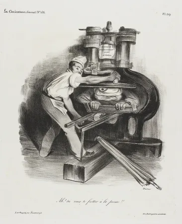 Lithografie Daumier - Ah! Tu veux te frotter à la presse!!! (Ah! You want to mess with the press!!)
