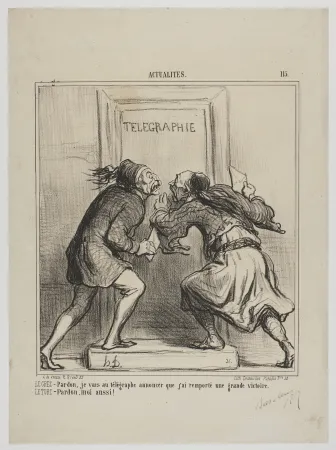 Lithografie Daumier - LE GREC - Pardon, je vais au télégraphe annoncer que j'ai remporté une grande victoire. LE TURC - Pardon, moi aussi! 