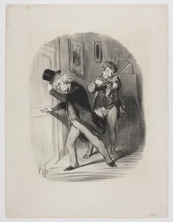 Lithografie Daumier - Manière polie de mettre un bourgeois à la porte d'un atelier, lui jouer quarante sept fois de suite l'air de la Monaco. 