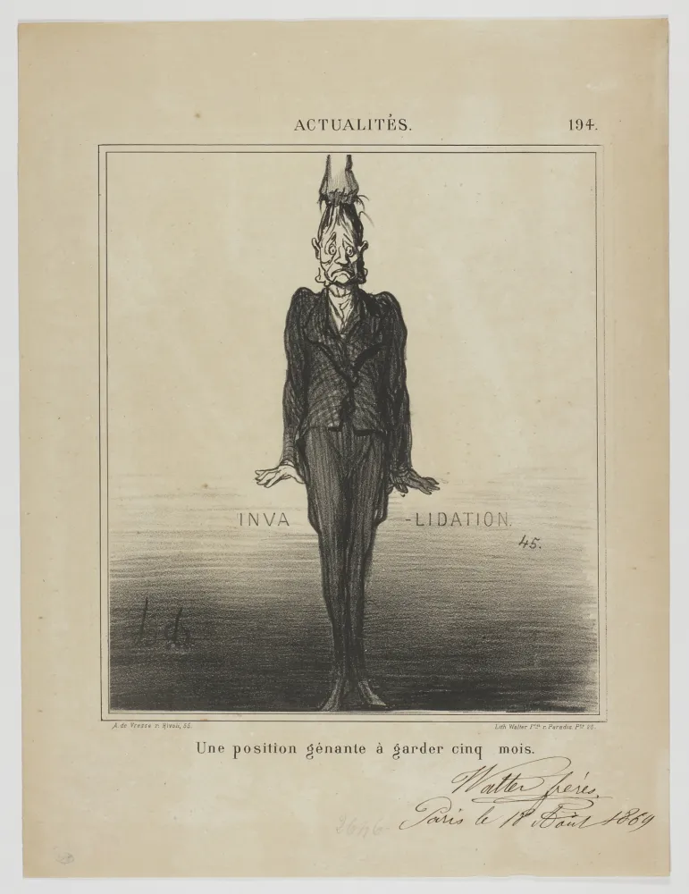 Lithografie Daumier - Une position génante à garder cinq mois 