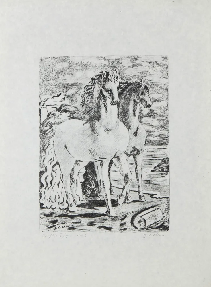Lithografie De Chirico - Cavalli Antichi