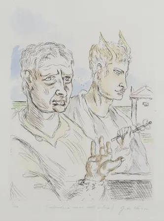 Zeefdruk De Chirico - Giorgio De Chirico (1888–1978) - Autoritratto con mercurio - Hand-colored engraving by the artist - 1969