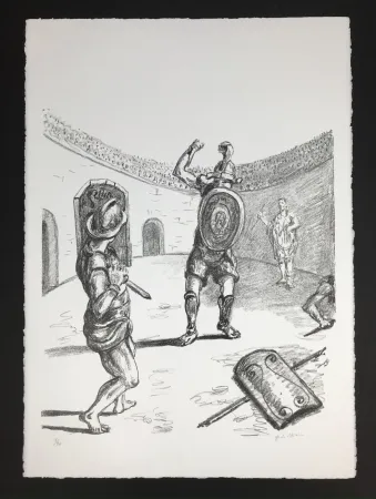 Lithografie De Chirico - Gladiatori nell'arena