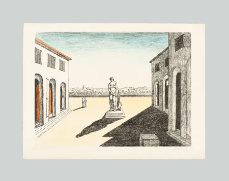 Lithografie De Chirico - Piazza d'Italia con efebo