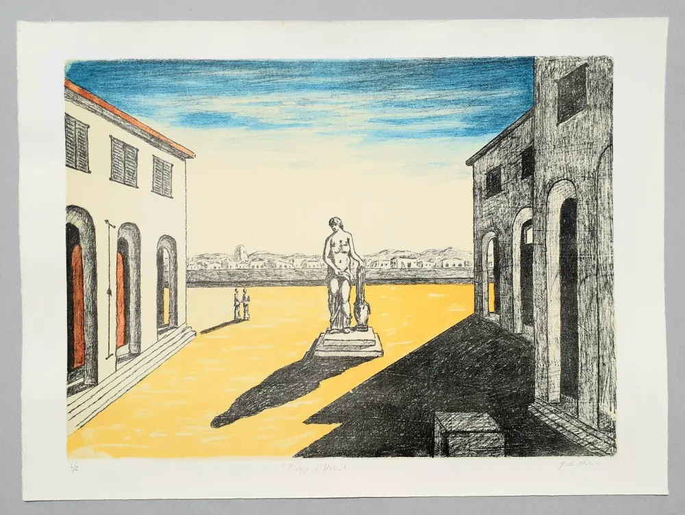 Lithografie De Chirico - Piazza d'Italia con efebo