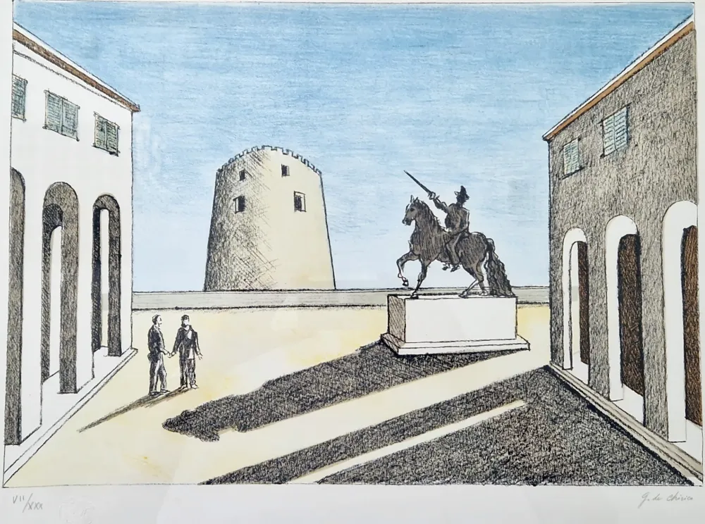 Lithografie De Chirico - Piazza d'Italia con statua equestre.