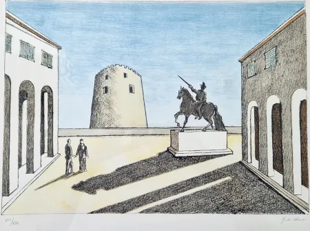 Lithografie De Chirico - Piazza d'Italia con statua equestre.