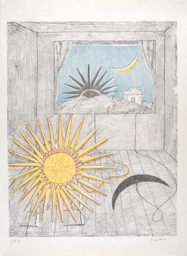 Lithografie De Chirico - Sole e luna in una stanza
