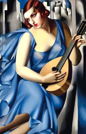 Zeefdruk De Lempicka - Femme Bleue a la Guitare
