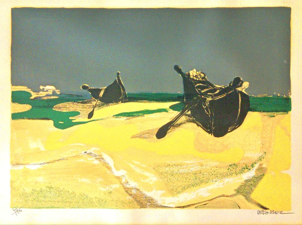 Lithografie Defossez - Deserted Boats - Beautiful Vintage Lithograph