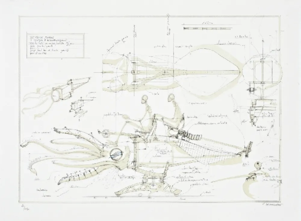 Lithografie Delarozière - Le calamar a retropropulsion