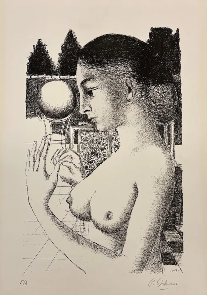Lithografie Delvaux - La femme a la boule