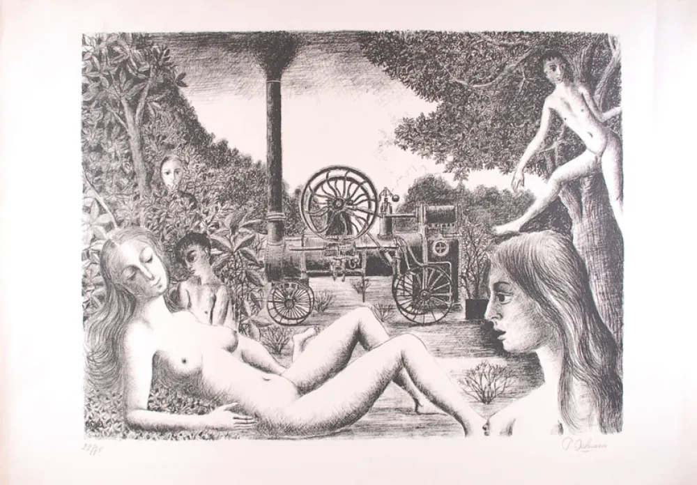 Lithografie Delvaux - La Locomobile