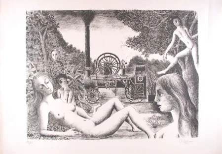 Lithografie Delvaux - La Locomobile