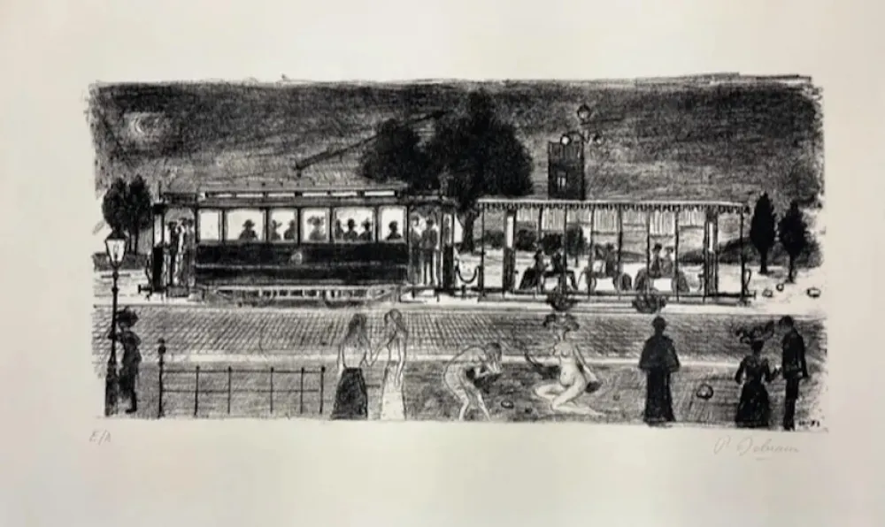 Lithografie Delvaux - Le tramway
