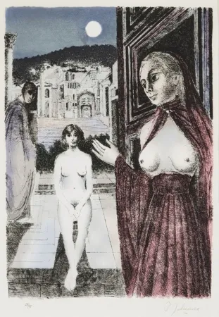 Zeefdruk Delvaux - Paul Delvaux (1897–1994) – La Reine de Saba – Silkscreen print on tissue paper – 1982