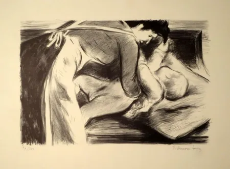 Lithografie Dessouslavy - Eine Mutter bettet ihr Kind