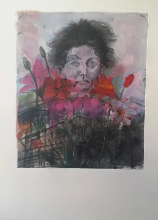 Gravure Dine - NANCY OUTSIDE IN JULY FLOWERS OF THE HOLY LAND (1979 )  GRAVURE SIGNEE ET JUSTIFIEE  AVEC REHAUTS DE COULEURS  EPREUVE UNIQUE sur arches creme  FORMAT 90 X  63 CM ENVIRON  RARE  CATALOGUE RAISONNE D OENCH & FEINBERG 61 P 89 