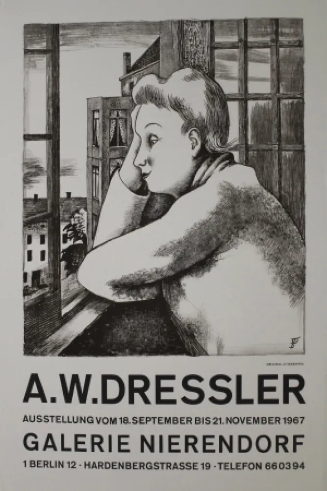 Lithografie Dressler - Frau am Fenster