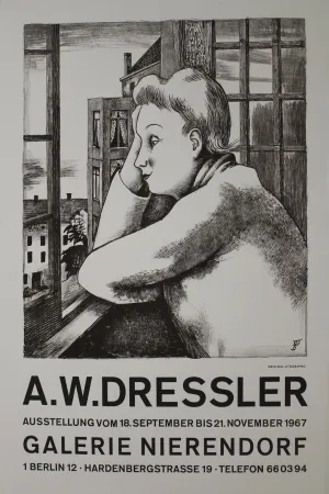 Lithografie Dressler - Frau am Fenster
