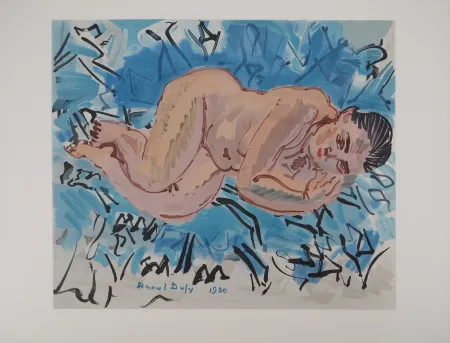 Lithografie Dufy - Nu sur un fond bleu