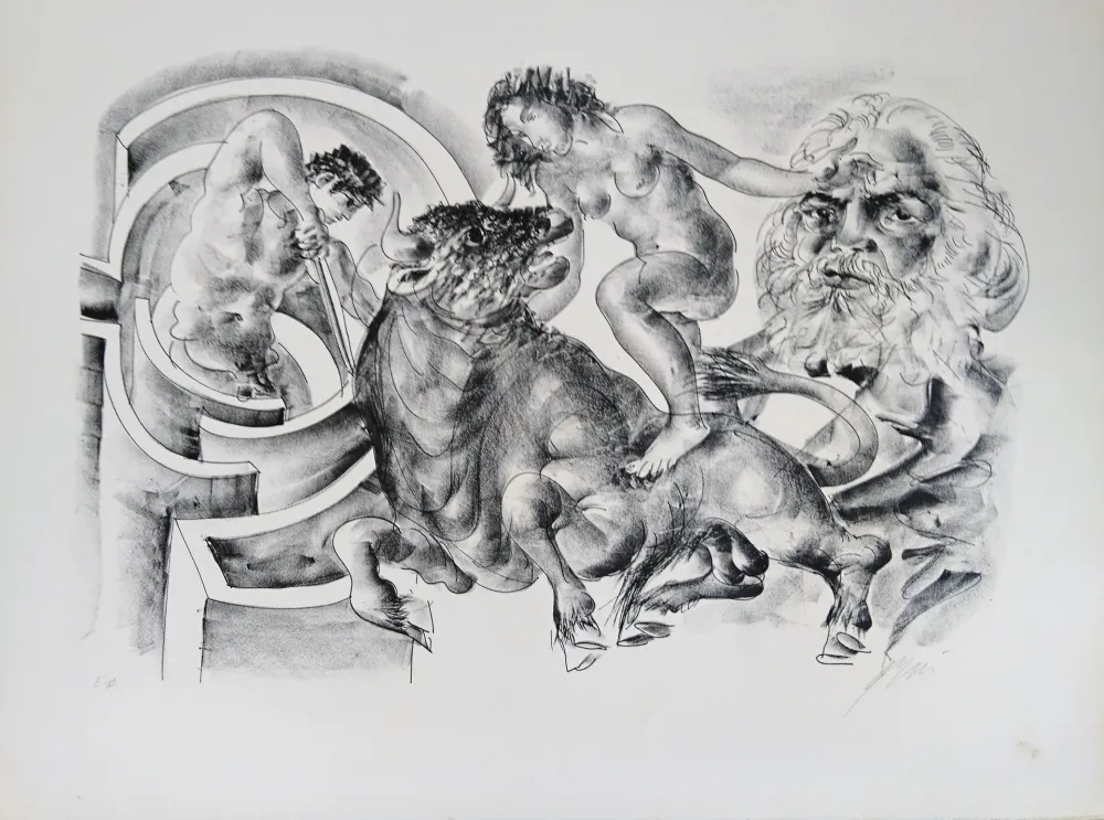 Lithografie Erni - Bull and portrait of Marx