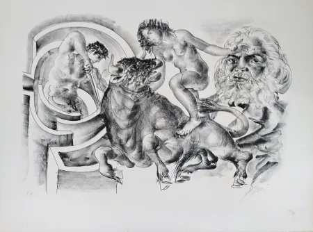 Lithografie Erni - Bull and portrait of Marx