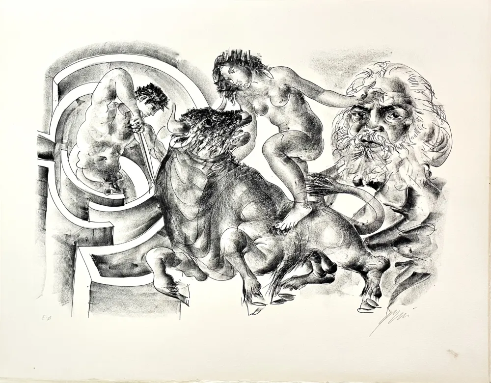 Lithografie Erni - Bull and portrait of Marx
