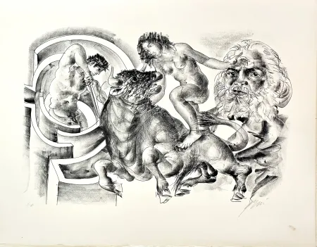 Lithografie Erni - Bull and portrait of Marx