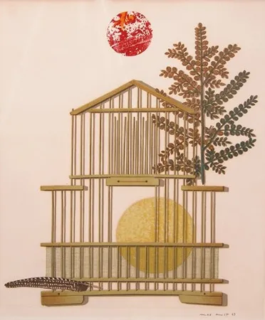 Lithografie Ernst - Bird Cage, Feather, Branch and Sun