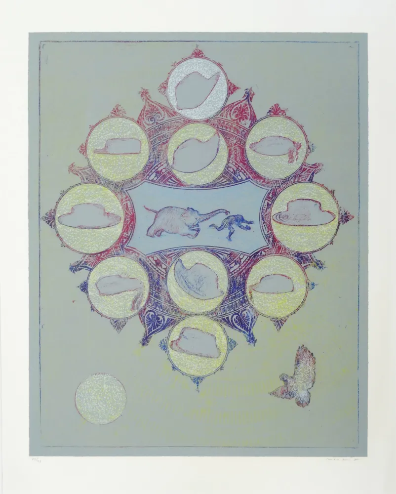 Lithografie Ernst - Singe poursuivit par un éléphant