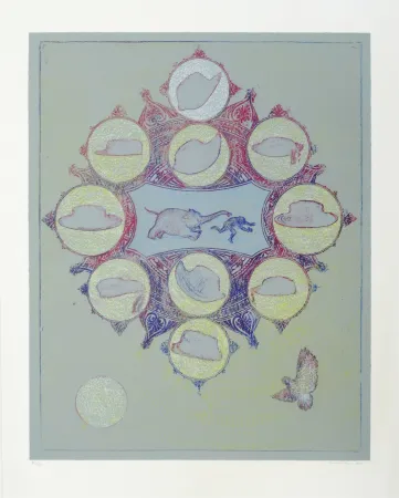 Lithografie Ernst - Singe poursuivit par un éléphant