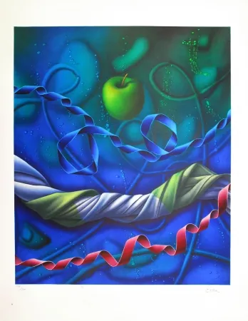 Lithografie Etien' - Pomme dans l'espace / Apple in Space